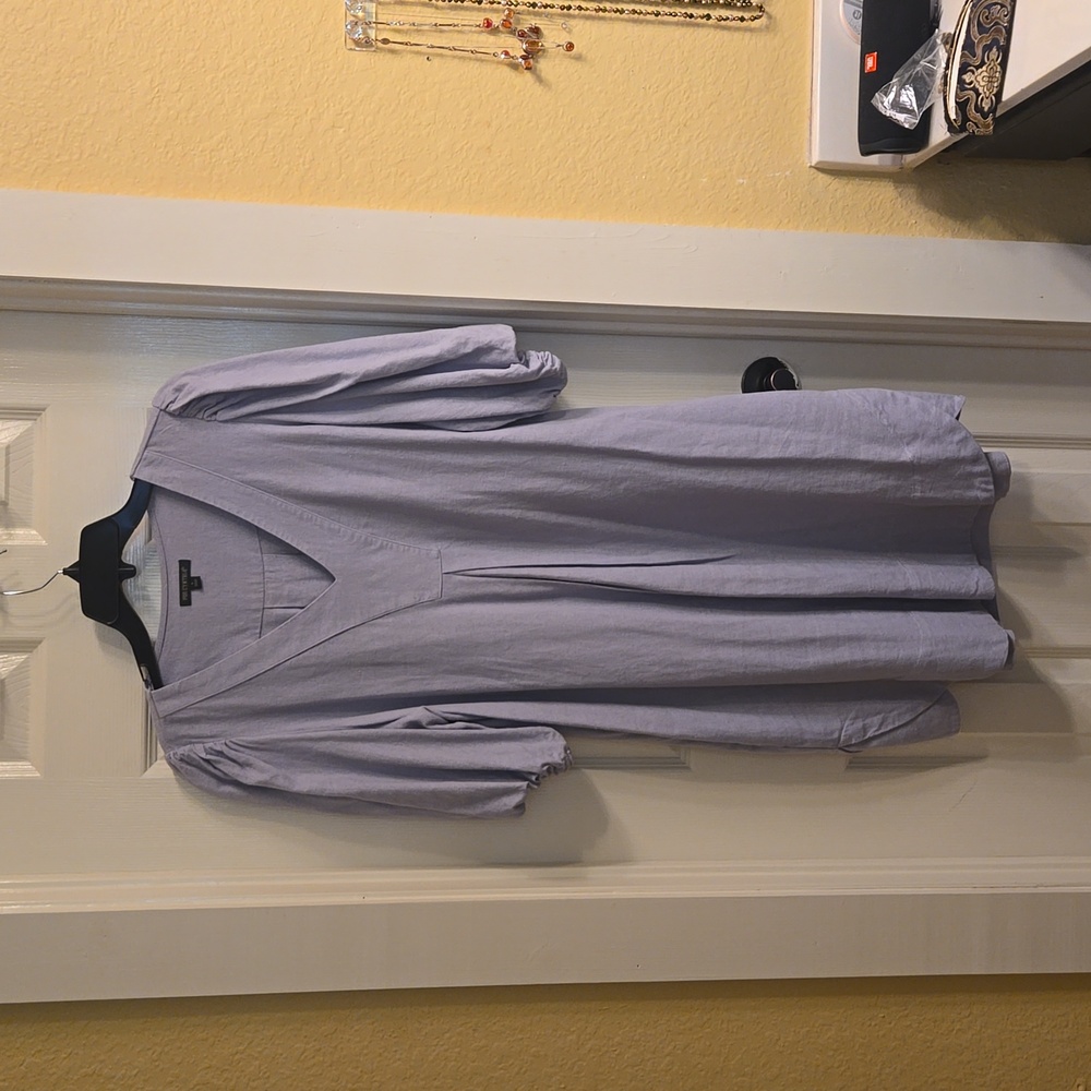 Periwinkle Linen Dress w/ Puffy Sleeves & Pockets!